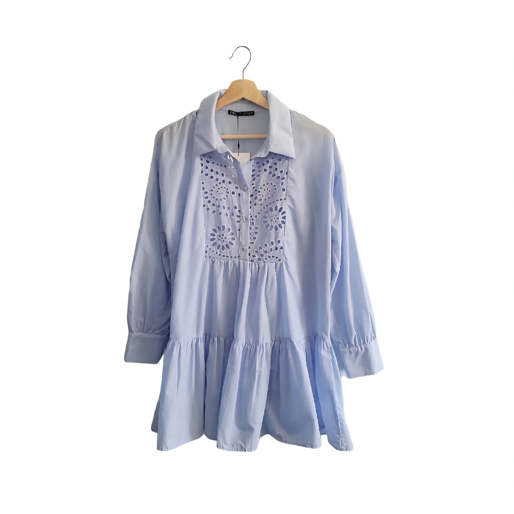 Zara Light Blue Eyelet Tiered Blouse